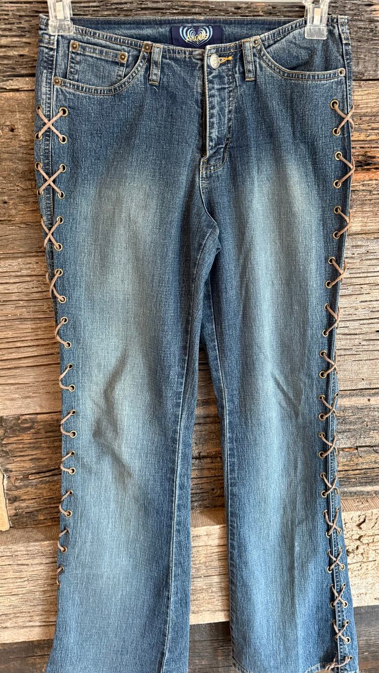 Womens Y2K Angels Lace Up Side Flare Stretch Jeans Boho Size 7